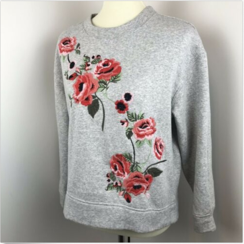 Gray Rose Sweater Floral Embroidery Sweatshirt